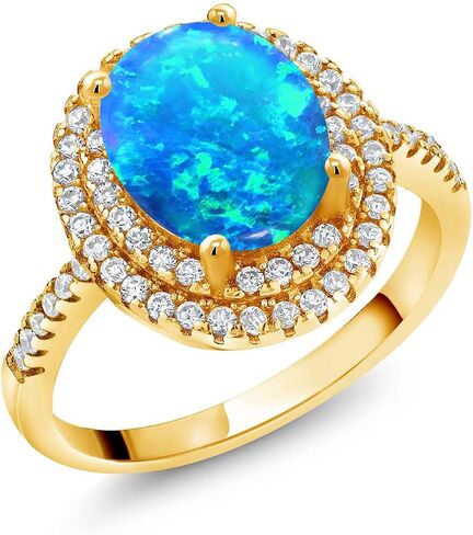 خاتم خطوبة من Gem Stone King مطلي بالذهب الأصفر عيار 18 قيراط وكابوشون بيضاوي وكابوشون أزرق مقلد وعقيق مويسانيتي أبيض للنساء | 0.99 قيراط | جوهرة الميلاد الأحجار الكريمة | مقاس 5، 6، 7، 8، 9 in Kuwait
