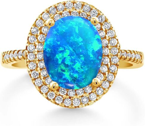 خاتم خطوبة من Gem Stone King مطلي بالذهب الأصفر عيار 18 قيراط وكابوشون بيضاوي وكابوشون أزرق مقلد وعقيق مويسانيتي أبيض للنساء | 0.99 قيراط | جوهرة الميلاد الأحجار الكريمة | مقاس 5، 6، 7، 8، 9 in Kuwait