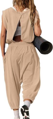 Women's Athletic One Piece Jumpsuit,Sleeveless Open Back Yoga Romper with Pockets,Jogger Tracksuit for Gym,Running in Saudi Arabia