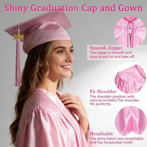 Unisex Shiny Graduation Cap and Gown with 2026 Year Charm Tassel for High School and College Graduation in Saudi Arabia