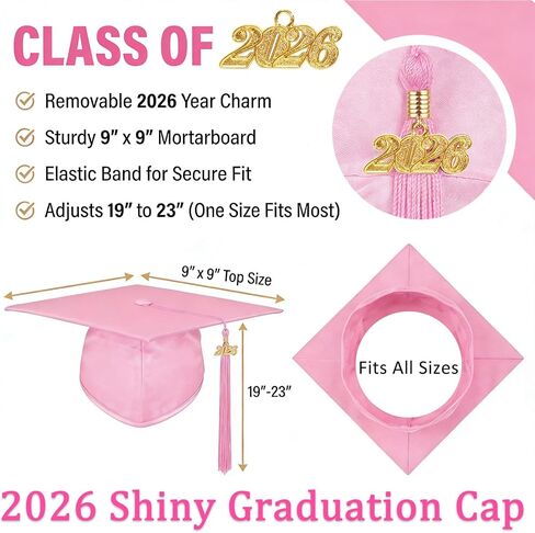 Unisex Shiny Graduation Cap and Gown with 2026 Year Charm Tassel for High School and College Graduation in Saudi Arabia
