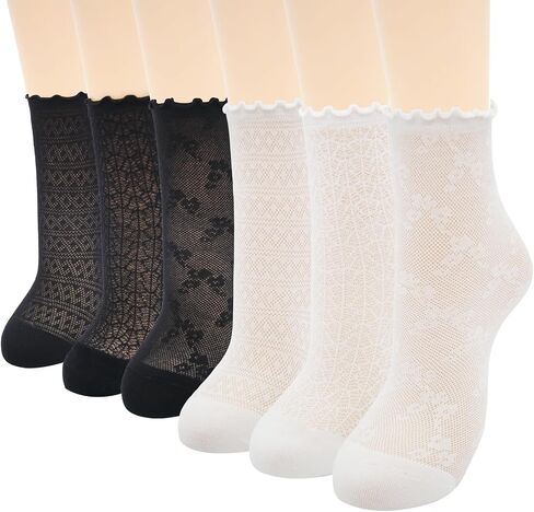 6 Pairs Women Sheer Ruffle Socks Lace Ankle Dress Socks in Kuwait
