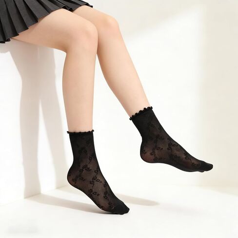 6 Pairs Women Sheer Ruffle Socks Lace Ankle Dress Socks in Kuwait