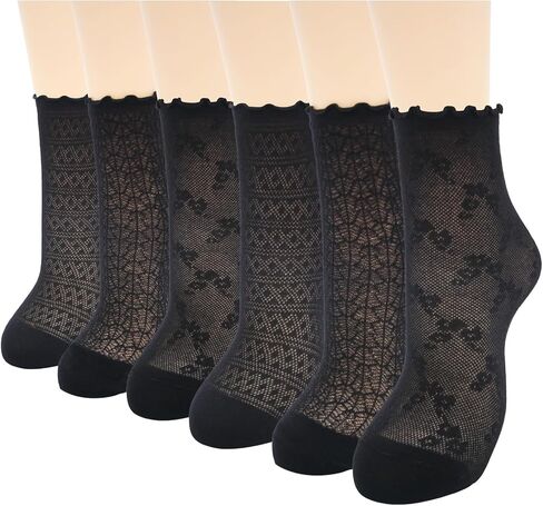 6 Pairs Women Sheer Ruffle Socks Lace Ankle Dress Socks in Kuwait
