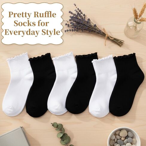 6 Pairs Women's Ruffle Socks Cute Frilly Ankle Socks for Dress, Causual Outfits in Saudi Arabia
