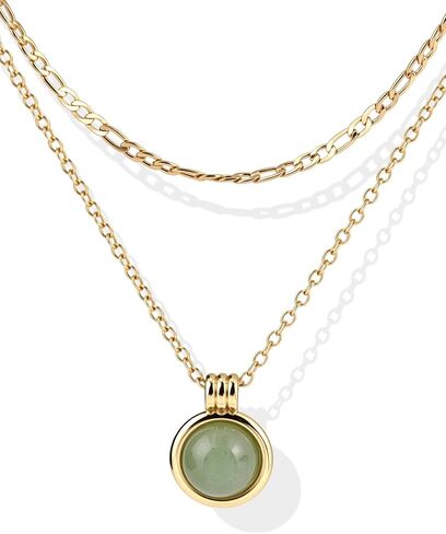 14K Gold Plated Layered Necklaces for Women-Green Jade Pendant Figaro Chain Necklaces Non Tarnish, Stackable Choker Gemstone Jewelry Gifts in Saudi Arabia