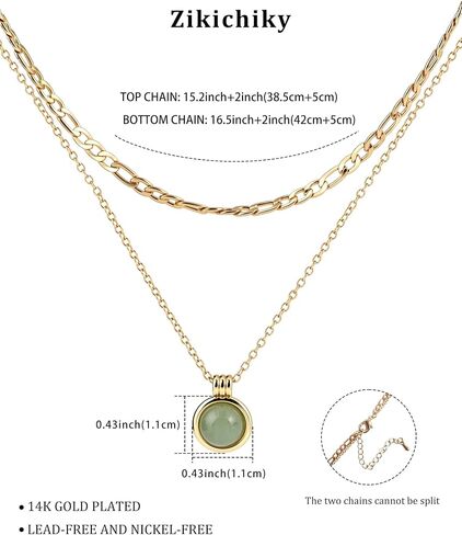14K Gold Plated Layered Necklaces for Women-Green Jade Pendant Figaro Chain Necklaces Non Tarnish, Stackable Choker Gemstone Jewelry Gifts in Saudi Arabia