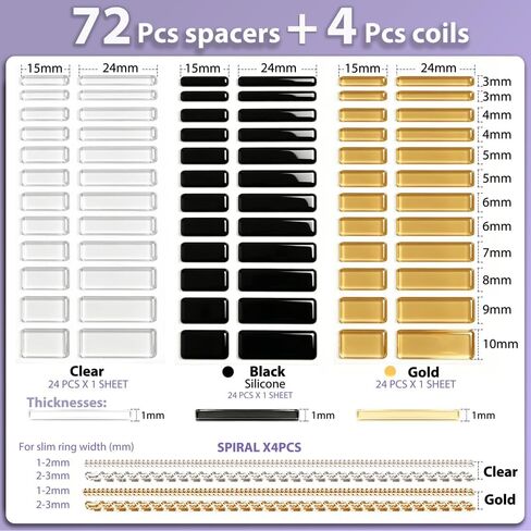 Kueroami Ring Sizers for Loose Rings, 2-in-1 Tightenner Kit with 4 Slim Coil Snuggies and 72 Adhesive Spacers, Insert Inside Band Fits 1-10 MM, Adjuster Reduces 0.2-2 Sizes (Gold Black Clear) in Saudi Arabia
