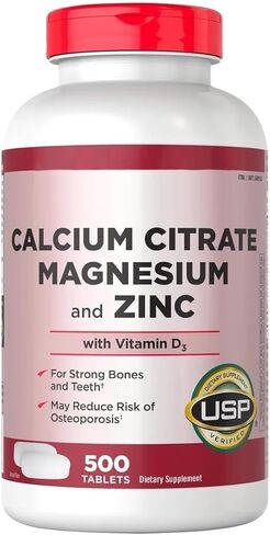Calcium Citrate 500mg with Magnesium, Zinc and Vitamin D3 - Bone Strength & Immune Support Supplement - Supports Healthy Teeth & Muscle Contraction - USP Verified - 500 Tablets in Kuwait