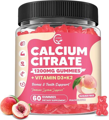 Calcium Citrate Gummies 1200 mg with Vitamin D3, K2 for Bone, Muscle & Immune Support, High Absorption Chewable Calcium Supplements for Women & Men, Sugar Free, Vegan, Peach Flavor, 60 Chews in Saudi Arabia