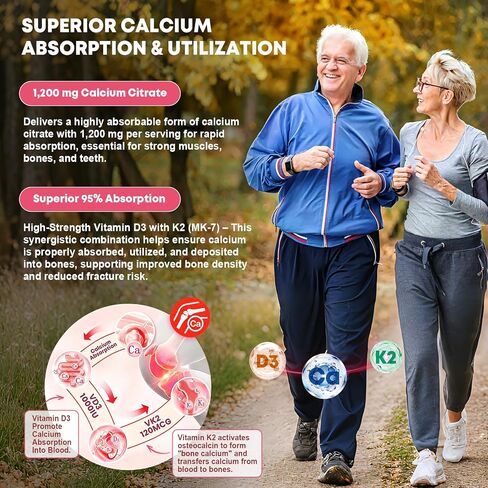 Calcium Citrate Gummies 1200 mg with Vitamin D3, K2 for Bone, Muscle & Immune Support, High Absorption Chewable Calcium Supplements for Women & Men, Sugar Free, Vegan, Peach Flavor, 60 Chews in Saudi Arabia