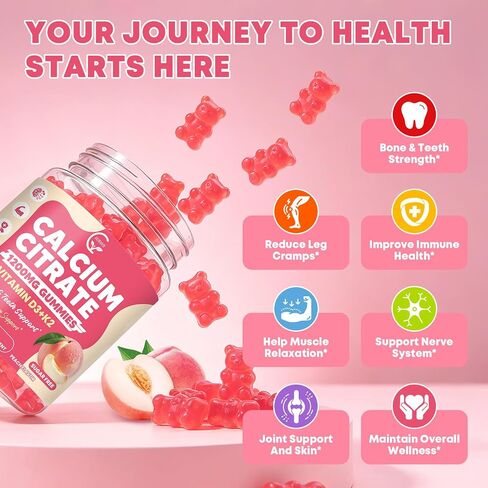 Calcium Citrate Gummies 1200 mg with Vitamin D3, K2 for Bone, Muscle & Immune Support, High Absorption Chewable Calcium Supplements for Women & Men, Sugar Free, Vegan, Peach Flavor, 60 Chews in Saudi Arabia