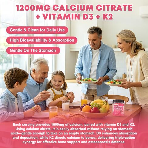 Calcium Citrate Gummies 1200 mg with Vitamin D3, K2 for Bone, Muscle & Immune Support, High Absorption Chewable Calcium Supplements for Women & Men, Sugar Free, Vegan, Peach Flavor, 60 Chews in Saudi Arabia