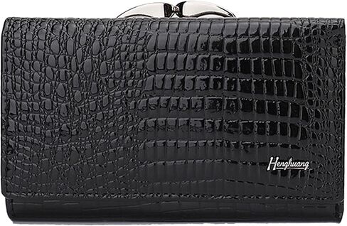 Genuine Patent Leather Trifold Wallet for Women - Compact Kiss-lock Coin Purse with Crocodile Embossed Texture, RFID-blocking Card Holder - 8 Card Slots | ID/Photo Window - Wine Red in Saudi Arabia