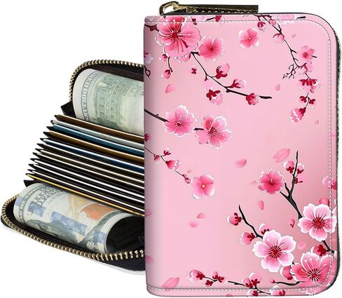 Credit Card Holder for Women,Zipper 14-Slot RFID Blocking Wallet,Small Slim Cute Leather Compact Accordion Case,Business Card Holder Case,Organizer Gifts for Ladies,Pink Floral Butterfly in Saudi Arabia