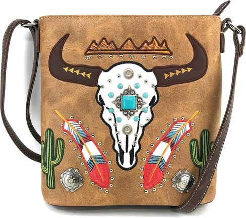 Justin West Native Longhorn Cow Skull Cactus Feather Color Conceal Carry Shoulder Handbag Purse | Trifold Wallet in Saudi Arabia
