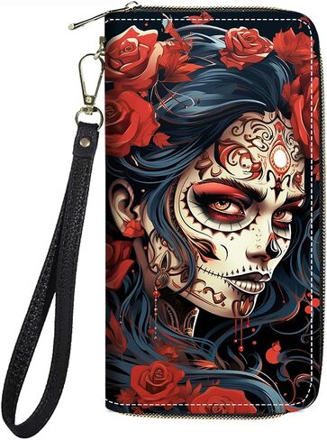 Women's Large Capacity Wallet PU Leather Zip Around Clutch Purse Multifunctional Wallet with Removable Wristlet Strap for Smart Phone/Coin/Card/Cash, Sugar Skull Girl Roses in Saudi Arabia