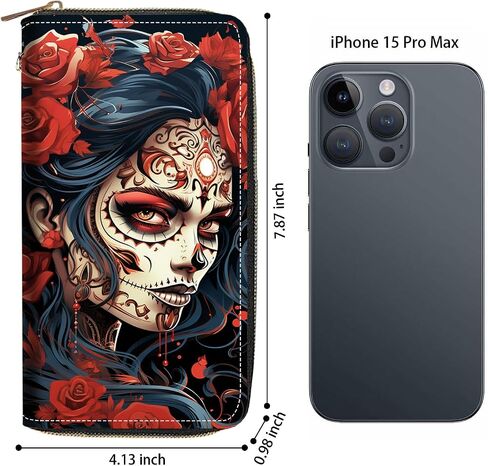 Women's Large Capacity Wallet PU Leather Zip Around Clutch Purse Multifunctional Wallet with Removable Wristlet Strap for Smart Phone/Coin/Card/Cash, Sugar Skull Girl Roses in Saudi Arabia