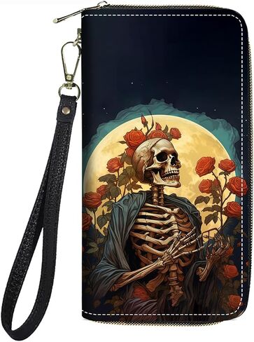 Women's Large Capacity Wallet PU Leather Zip Around Clutch Purse Multifunctional Wallet with Removable Wristlet Strap for Smart Phone/Coin/Card/Cash, Sugar Skull Girl Roses in Saudi Arabia