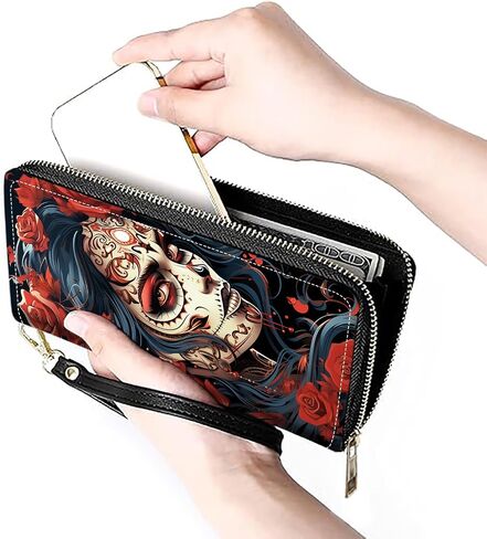 Women's Large Capacity Wallet PU Leather Zip Around Clutch Purse Multifunctional Wallet with Removable Wristlet Strap for Smart Phone/Coin/Card/Cash, Sugar Skull Girl Roses in Saudi Arabia