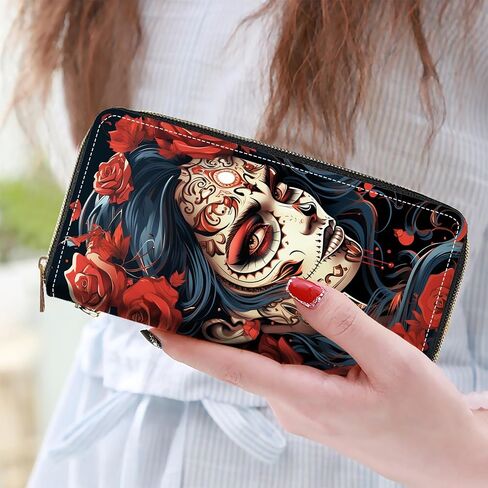 Women's Large Capacity Wallet PU Leather Zip Around Clutch Purse Multifunctional Wallet with Removable Wristlet Strap for Smart Phone/Coin/Card/Cash, Sugar Skull Girl Roses in Saudi Arabia
