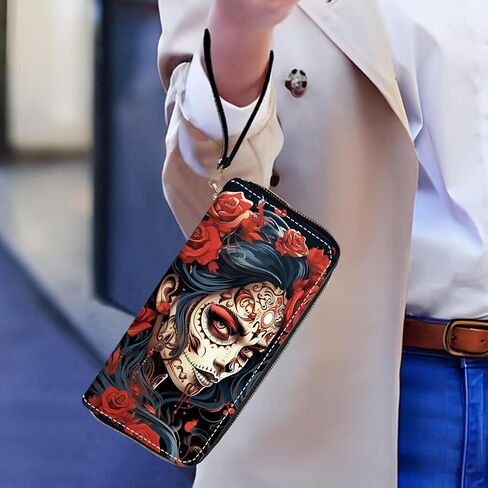 Women's Large Capacity Wallet PU Leather Zip Around Clutch Purse Multifunctional Wallet with Removable Wristlet Strap for Smart Phone/Coin/Card/Cash, Sugar Skull Girl Roses in Saudi Arabia