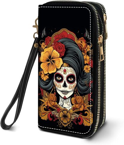Women's Large Capacity Wallet PU Leather Zip Around Clutch Purse Multifunctional Wallet with Removable Wristlet Strap for Smart Phone/Coin/Card/Cash, Sugar Skull Girl Roses in Saudi Arabia