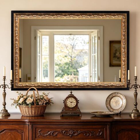 36" x 24" Black Bathroom Wall Mirror, Gold Foil Flower Petal Carvings Wooden Frame, Vintage Gold Mirror for Living Room, Fireplace, Entryway and Bedroom (Speckled Texture) in Saudi Arabia