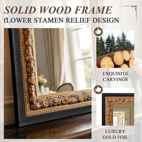 36" x 24" Black Bathroom Wall Mirror, Gold Foil Flower Petal Carvings Wooden Frame, Vintage Gold Mirror for Living Room, Fireplace, Entryway and Bedroom (Speckled Texture) in Saudi Arabia