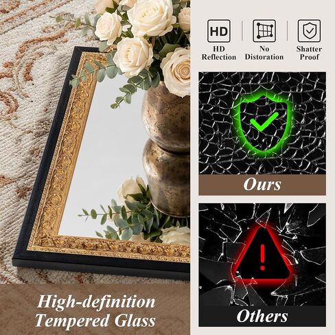 36" x 24" Black Bathroom Wall Mirror, Gold Foil Flower Petal Carvings Wooden Frame, Vintage Gold Mirror for Living Room, Fireplace, Entryway and Bedroom (Speckled Texture) in Saudi Arabia