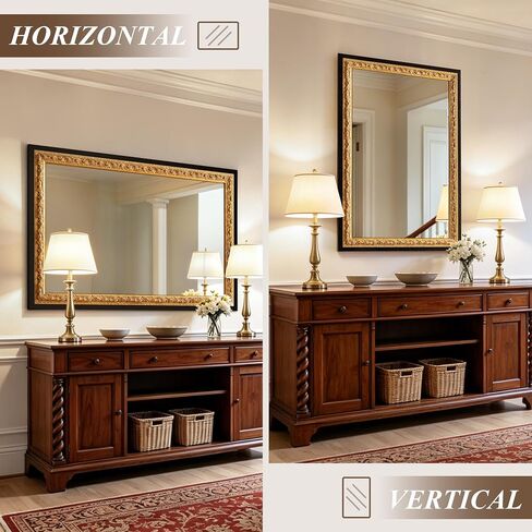 36" x 24" Black Bathroom Wall Mirror, Gold Foil Flower Petal Carvings Wooden Frame, Vintage Gold Mirror for Living Room, Fireplace, Entryway and Bedroom (Speckled Texture) in Saudi Arabia