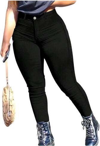 WDIRARA Women's Plus Size High Waisted Casual Jeans Skinny Leg Denim Pants Streetwear in Kuwait