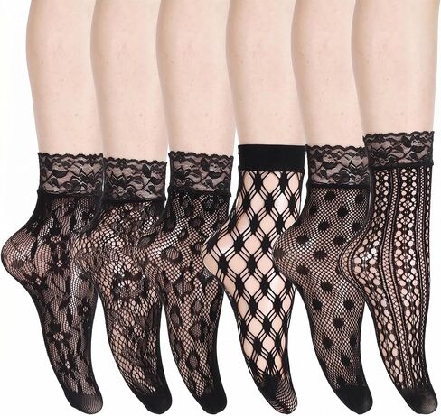 WLLHYF Lace Ankle Socks for Women, 6 Pairs Cute Elegant Fishnet Socks Fashion Mesh Frilly Ruffle Ankle Sock Black Thin Nylon Crew Sock for Women Girls in Kuwait