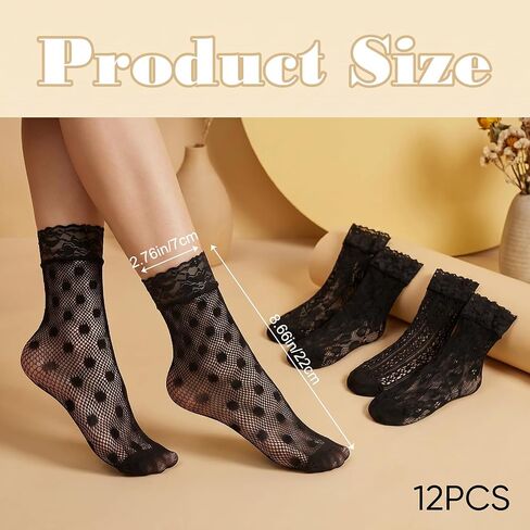 WLLHYF Lace Ankle Socks for Women, 6 Pairs Cute Elegant Fishnet Socks Fashion Mesh Frilly Ruffle Ankle Sock Black Thin Nylon Crew Sock for Women Girls in Kuwait