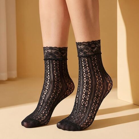 WLLHYF Lace Ankle Socks for Women, 6 Pairs Cute Elegant Fishnet Socks Fashion Mesh Frilly Ruffle Ankle Sock Black Thin Nylon Crew Sock for Women Girls in Kuwait