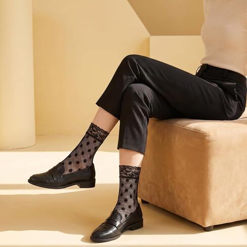 WLLHYF Lace Ankle Socks for Women, 6 Pairs Cute Elegant Fishnet Socks Fashion Mesh Frilly Ruffle Ankle Sock Black Thin Nylon Crew Sock for Women Girls in Kuwait