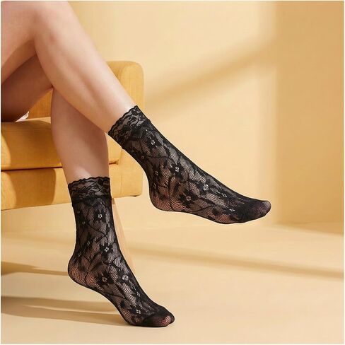 WLLHYF Lace Ankle Socks for Women, 6 Pairs Cute Elegant Fishnet Socks Fashion Mesh Frilly Ruffle Ankle Sock Black Thin Nylon Crew Sock for Women Girls in Kuwait