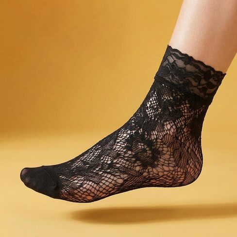 WLLHYF Lace Ankle Socks for Women, 6 Pairs Cute Elegant Fishnet Socks Fashion Mesh Frilly Ruffle Ankle Sock Black Thin Nylon Crew Sock for Women Girls in Kuwait