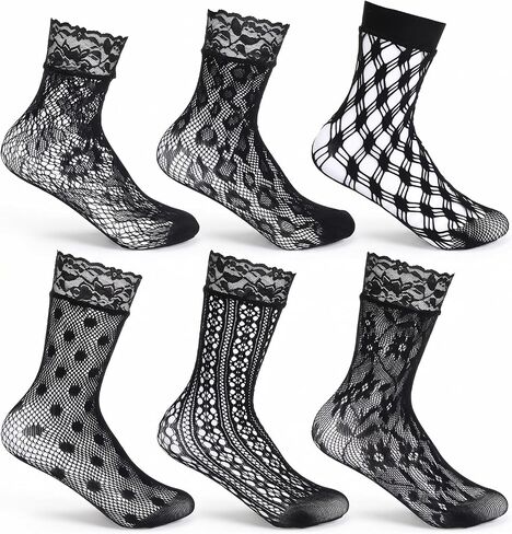WLLHYF Lace Ankle Socks for Women, 6 Pairs Cute Elegant Fishnet Socks Fashion Mesh Frilly Ruffle Ankle Sock Black Thin Nylon Crew Sock for Women Girls in Kuwait