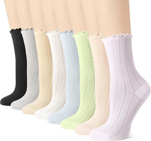 8 Pcs Women's Ruffle Crew Socks, Summer Lace Mesh Pointelle Sheer Thin Socks, Casual Frilly Knit Dress Ankle Sock in Saudi Arabia