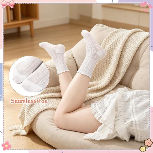 8 Pcs Women's Ruffle Crew Socks, Summer Lace Mesh Pointelle Sheer Thin Socks, Casual Frilly Knit Dress Ankle Sock in Saudi Arabia