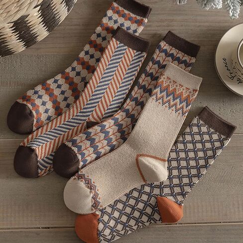 HeTaoCat Womens Vintage Patterned Crew Socks 5 Pairs, Boho Knit Cotton Mid Calf Socks, Size 5-9 Casual Socks for Daily Wear in Kuwait