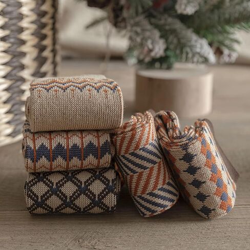 HeTaoCat Womens Vintage Patterned Crew Socks 5 Pairs, Boho Knit Cotton Mid Calf Socks, Size 5-9 Casual Socks for Daily Wear in Kuwait