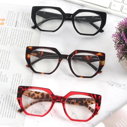 3 Pack Trendy Square Ladies Reading Glasses, Fashion Blue Light Blocking Stylish Computer Readers for Women in Saudi Arabia