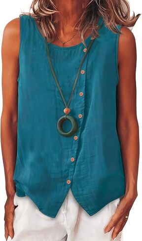 Womens Sleeveless Tops Summer Button Down Crew Neck Tank Blouse Casual Cotton Lightweight Asymmetric Vacation Vest in Kuwait