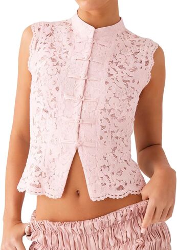 Seyumixi Women Floral Lace Crop Top Sleeveless Frog Button Mock Neck Tank Top See Through Coquette Y2k Tops in Saudi Arabia