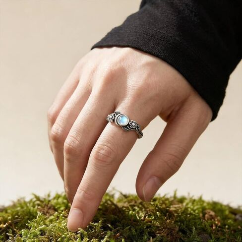 Moonstone Floral Moon Vintage Ring – White Silver Plated Copper Band Healing Crystal Jewelry Gift for Women in Saudi Arabia
