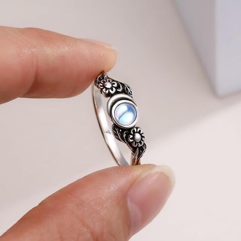 Moonstone Floral Moon Vintage Ring – White Silver Plated Copper Band Healing Crystal Jewelry Gift for Women in Saudi Arabia