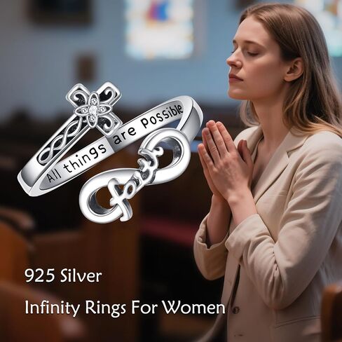 خاتم متقاطع من ONEFINITY S925 من الفضة الاسترليني إنفينيتي الإيمان الدائري قابل للتعديل إنفينيتي الإيمان الصليب التفاف الدائري مجوهرات المسيحية هدية للنساء in Kuwait