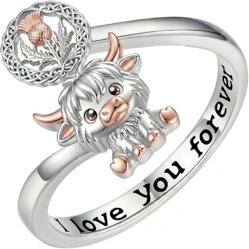 Highland Cow Ring for Women Cute Cow Adjustable Open Rings with Scottish thistle Highland Cow Jewelry Gifts for Family Friends in Saudi Arabia